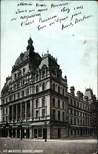 Ak London City England, His Majestys' Theatre, Außenansicht