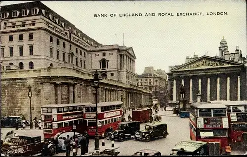 Ak London City England, Bank of England and Royal Exchange, Busse