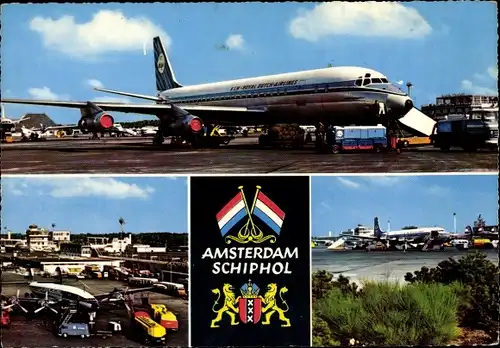 Ak Amsterdam Nordholland Niederlande, Schiphol, Flughafen, Flugzeuge, Wappen