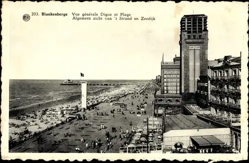 Ak Blankenberghe Blankenberge Westflandern, Vue generale Digue et Plage, Strand mit Promenade