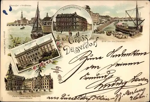 Litho Düsseldorf am Rhein, Rheinufer, Markt, Denkmal, Kunstgewerbeschule, Justizgebäude