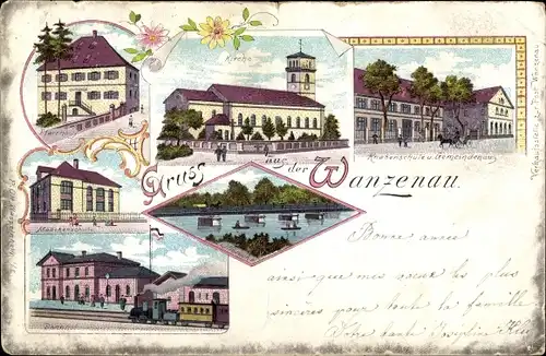 Litho La Wantzenau Wanzenau Elsass Bas Rhin, Pfarrhaus, Schulen, Gemeindehaus, Bahnhof, Kirche