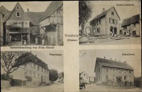 Ak Weinbourg Weinburg Elsass Bas Rhin, Spezereihandlung von Fritz Hüsser, Gemeindehaus, Schule