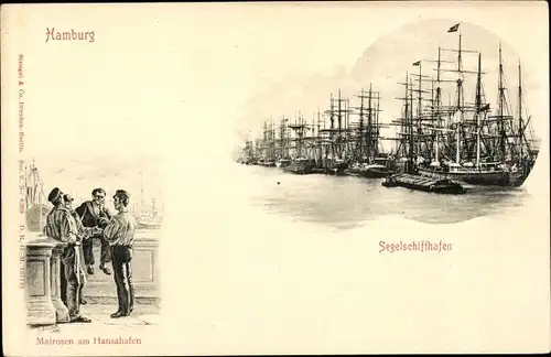 Ak Hamburg, Segelschiffhafen, Segelschiffe, Matrosen am Hansahafen