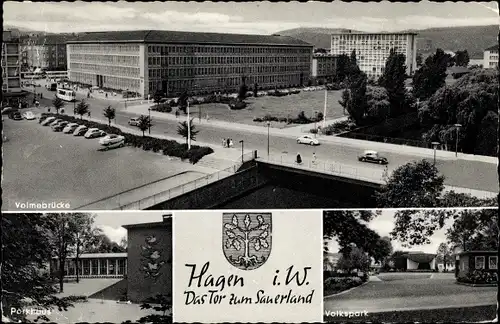 Ak Hagen in Westfalen, Volmebrücke, Volkspark, Parkhaus, Wappen