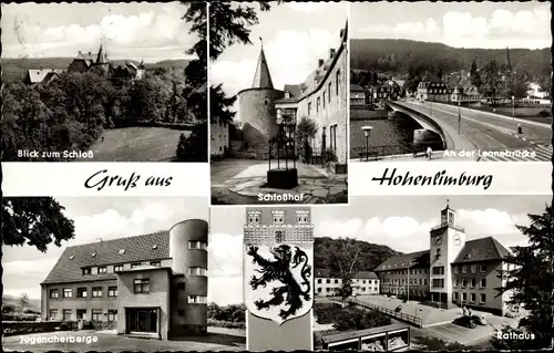 Ak Hohenlimburg Hagen Ruhrgebiet, Schloss, Lennebrücke, Jugendherberge, Stadtwappen, Rathaus