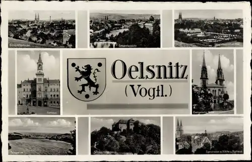 Ak Oelsnitz Vogtland, Gesamtansichten, Kirche, Rathaus, Talsperre, Schloss