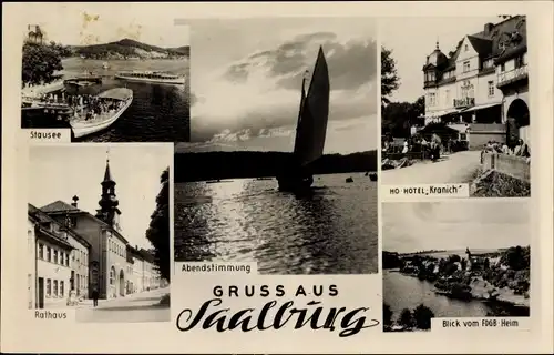 Ak Saalburg in Thüringen, HO Hotel Kranich, Rathaus, Stausee, Abendstimmung, Segelboot