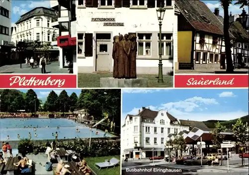 Ak Plettenberg im Sauerland Westfalen, Heimathaus, Busbahnhof Eiringhausen, Freibad