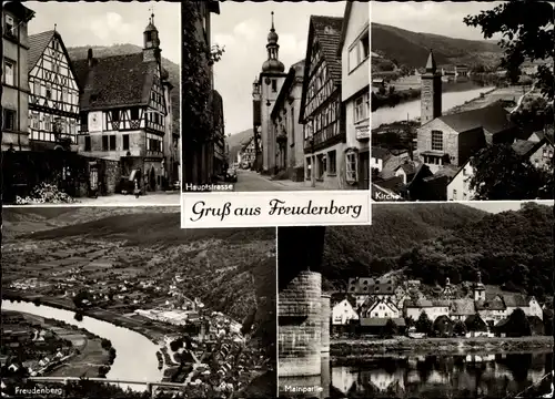 Ak Freudenberg im Siegerland, Luftbild vom Ort, Rathaus, Kirche, Hauptstraße, Mainpartie