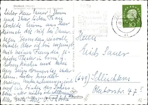 Ak Gladbeck im Ruhrgebiet Westfalen, Teilansicht mit Breufsschule und Nordpark
