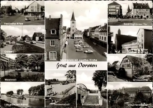 Ak Dorsten im Ruhrgebiet, Agatha Kirche, Ursulinenkloster, Bad, Winksmühle, Tor, Ostwall, Westwall