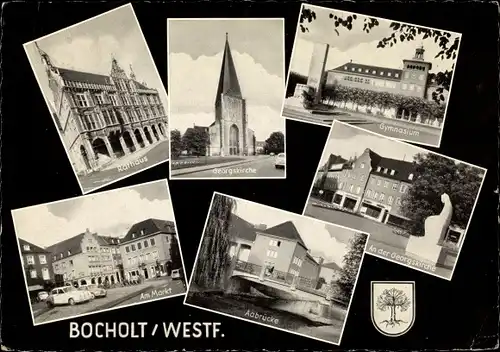 Ak Bocholt im Münsterland, Rathaus, Georgskirche, Gymnasium, Aabrücke, Markt