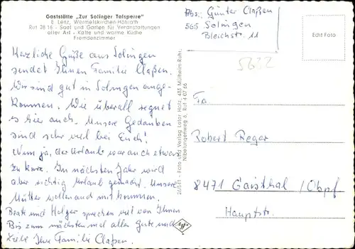 Ak Höhrath Solingen in Nordrhein Westfalen, Gaststätte Zur Solinger Talsperre, Sengbachtalsperre