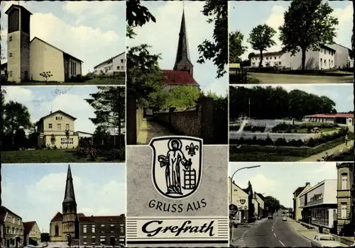 Ak Grefrath am Niederrhein, Straßenpartie, Kirche, Freibad