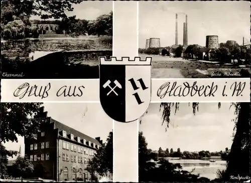 Wappen Ak Gladbeck im Ruhrgebiet Nordrhein Westfalen, Ehrenmal, Zecha Hibernia, Postamt, Nordpark