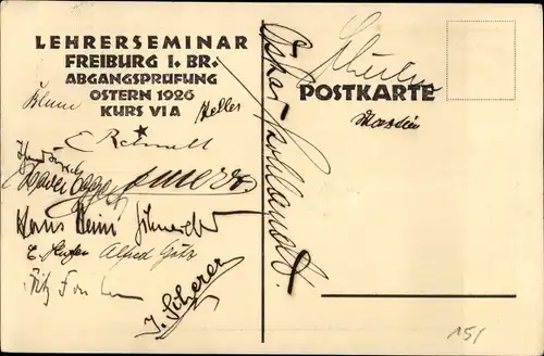 Studentika Ak Freiburg im Breisgau, Lehrerseminar Abgangsprüfung 1926, Kurs VI A