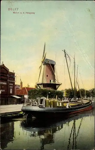 Ak Delft Südholland Niederlande, Molen a. d. Haagweg, Windmühle, Frachter