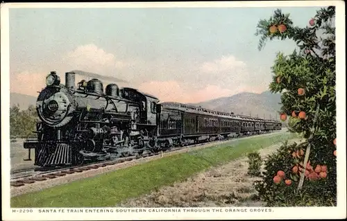 Ak US Amerikanische Eisenbahn, Santa Fe Train entering Southern California, Orange Groves