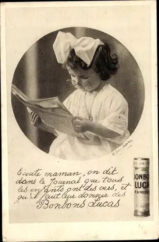Ak Reklame, Bonbons Lucas, Mädchen mit Zwicker liest Zeitung