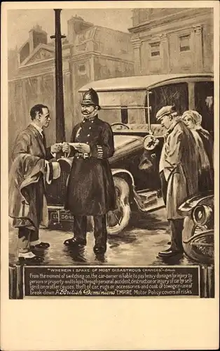 Ak British Dominions Empire Motor Policy, Versicherung, Reklame, Verkehrsunfall, Verkehrspolizist