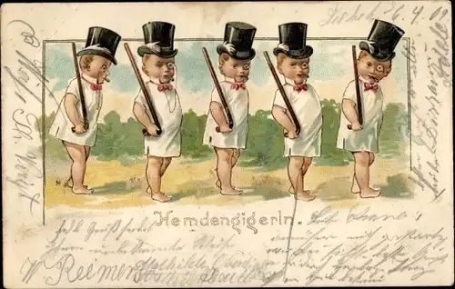 Litho Kinder mit Zylindern und Gehstöcken, Hemdengigerln