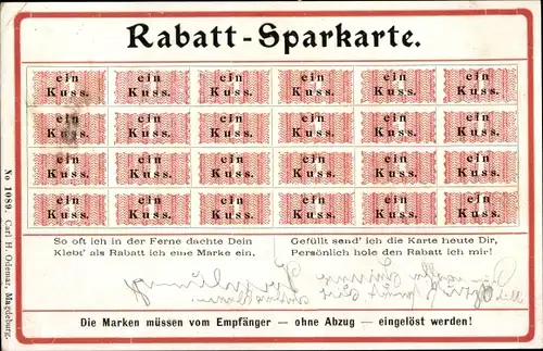 Briefmarken Ak Rabatt Sparkarte, Kussrabatte,So oft ich in der Ferne dachte Dein