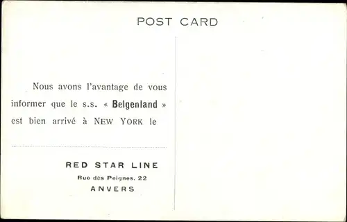 Künstler Ak Red Star Line, RSL, Triple Screw Belgenland, Dampfer, Steamer