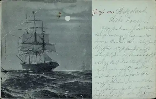 Mondschein Ak Segelschiff auf hoher See