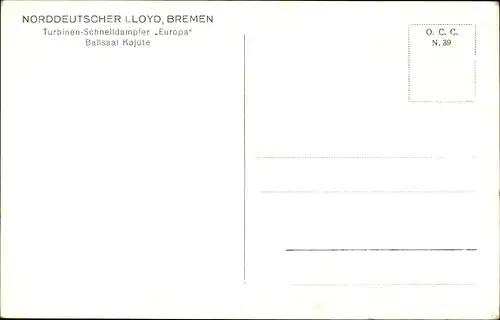 Ak Turbinen Schnelldampfer Europa des Norddeutschen Lloyd Bremen, Ballsaal Kajüte