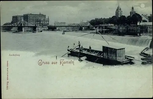 Mondschein Ak Hameln, Am Luchsfang, Boot, Fluss, Brücke
