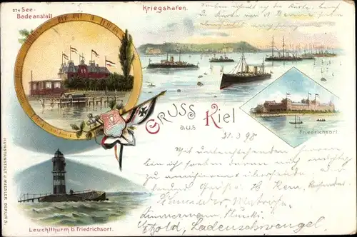 Litho Kiel, See Badeanstalt, Kriegshafen, Leuchtturm beim Friedrichsort