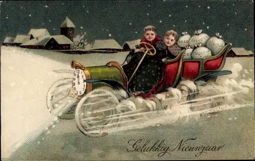 Präge Litho Glückwunsch Neujahr, Automobil mit Geldsäcken, Uhr