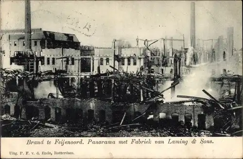 Ak Feijenoord Rotterdam Südholland Niederlande, Hausruine nach dem Brand, Fabrik Laming & Sons