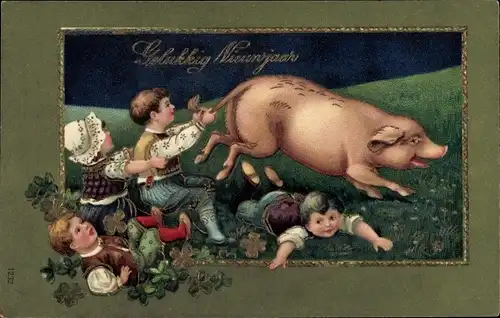 Präge Ak Glückwunsch Neujahr, Kinder halten Schwein am Schwanz fest, Kleeblätter