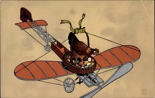 Künstler Ak Glückwunsch Ostern, Huhn mit Ostereiern auf einem Flugzeug