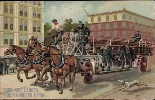 Präge Litho Hook and ladder truck going to a fire, Feuerwehr, Leiterwagen