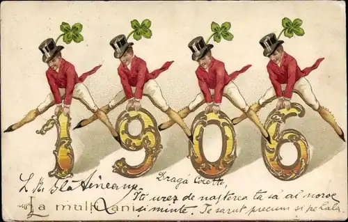 Präge Litho Glückwunsch Neujahr, Jahreszahl 1906, Männer springen über die Zahlen, Kleeblätter
