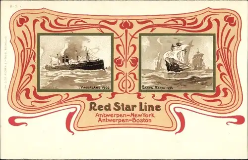 Passepartout Ak Red Star Line, Antwerpen New York, Boston, Passagierdampfer Vaderland 1900