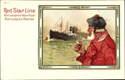Künstler Ak Red Star Line, Antwerpen New York, Boston, Passagierdampfer, Fischer mit Pfeife