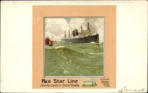 Künstler Ak Red Star Line Antwerpen New York Passagierdampfer Vaderland, Kroonland, Zeeland, Finland