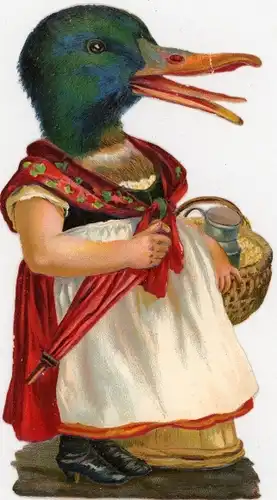 Oblate Glanzbild Vermenschlichte Ente, Frau in Tracht mit Entenkopf, Schirm