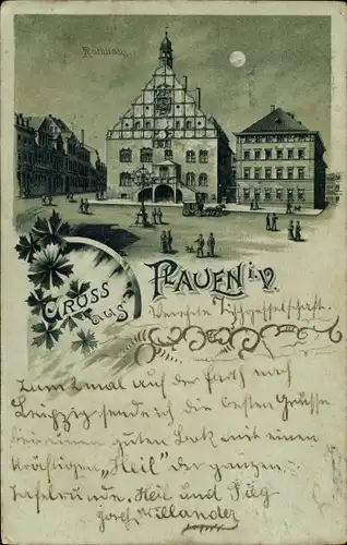 Mondschein Litho Plauen im Vogtland, Rathaus bei Nacht