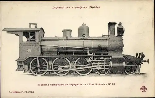 Ak Locomotives étrangères de la Suède, Compound, Machine No 52, Schwedische Eisenbahn, Dampflok