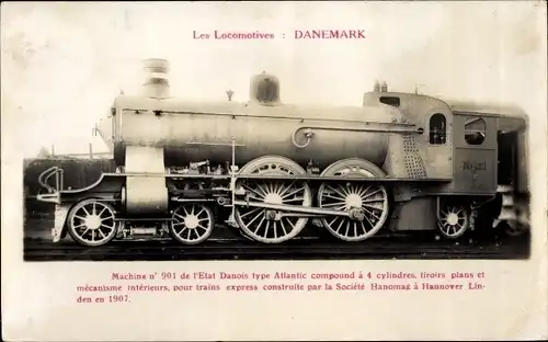 Ak Dänische Eisenbahn, Dampflok No. 901, Typ Atlantic, Hanomag