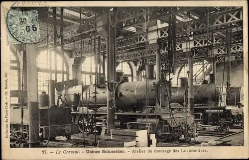 Ak Le Creusot Saône et Loire, Usines Schneider, Atelier de montage des Locomotives