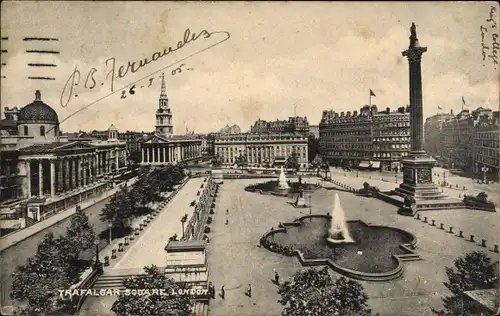 Ak London City England, Trafalgar Square, Standbild, Springbrunnen, Platz