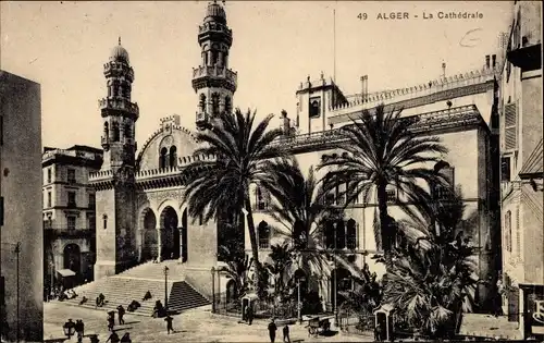 Ak Algier Alger Algerien, La Cathedrale, Kirche, Frontansicht, Palmen