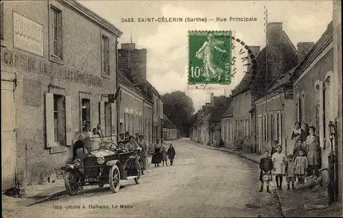 Ak Saint Célerin Sarthe, Rue Principale, Café, Auto, Passanten