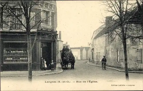 Ak Longnes Yvelines, Rue de l'Église, Weingeschäft, Kutschpartie